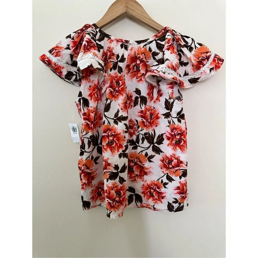 Old Navy Girls Pink and White Floral Flutter Sleeve Top Size XL 14/16
